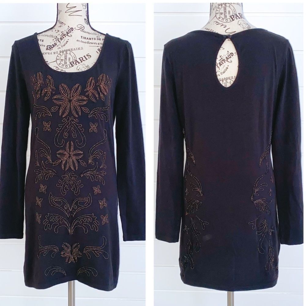 Free People Lady In Waiting Black Embroidered Metallic Bodycon Mini Dress Large